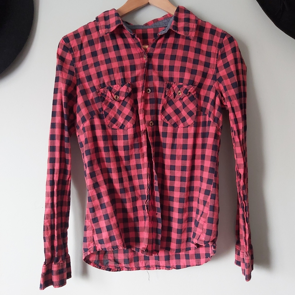 🖤3/$20 Forever 21 Plaid Button Up Orange & Black Plaid Shirt